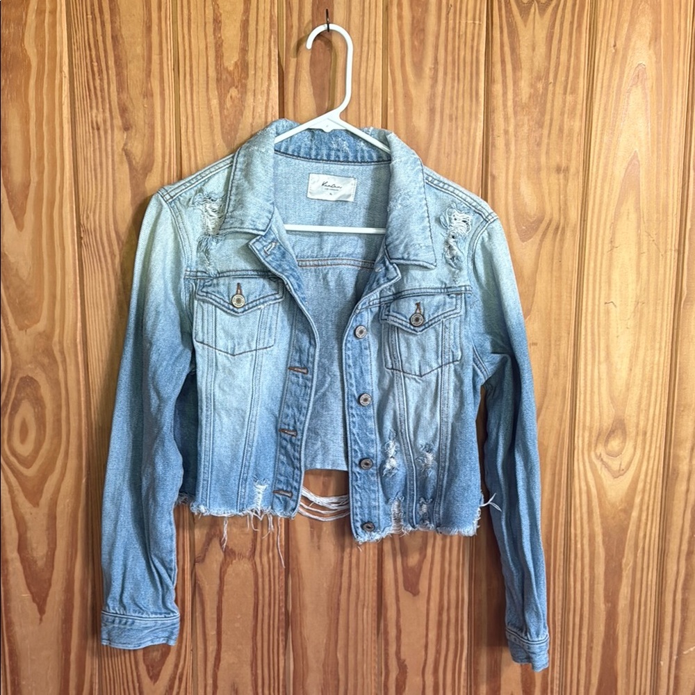 Kancan XL Blue Distressed Denim Longsleeve Jean Jacket Cropped Fit